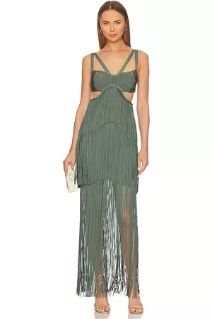 Hervé Léger Strappy Tiered Fringe Gown in Green.