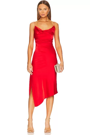 ALICE+OLIVIA Women Asymmetrical Dresses - Vista Asymmetrical Slit Midi Slip Dress in Red.