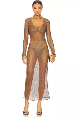Simkhai Lorenzo Crystal Mesh Cover Ups Long Sleeve Dress in Brown.