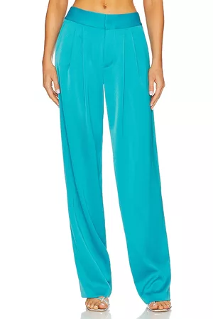 ALICE+OLIVIA Atia High Waisted Double Pleat Suit Pants in Blue.