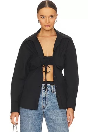 Alexander Wang Women Strapless Tops - Ruched Bandeau Overlay Open Front Shirt in Black.