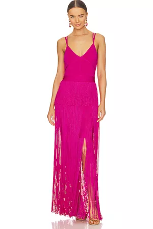 Hervé Léger Strappy Ottoman Fringe Gown in Fuchsia.