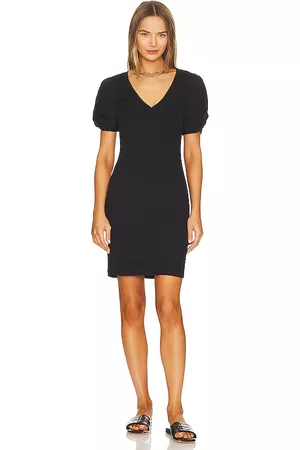 1. STATE Puff Sleeve V Neck Ruched Dress in Black.