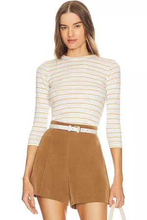 Vince Women T-Shirts - Striped 3/4 Sleeve Crew in Ivory.