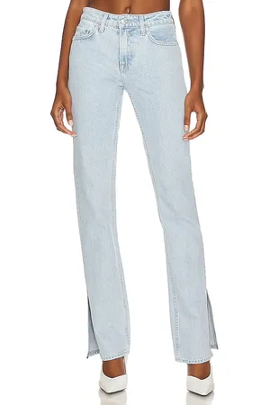 GRLFRND Hailey Low Rise Boot With Slit Hem in Denim-Medium. - size 30 (also in 31, 32)