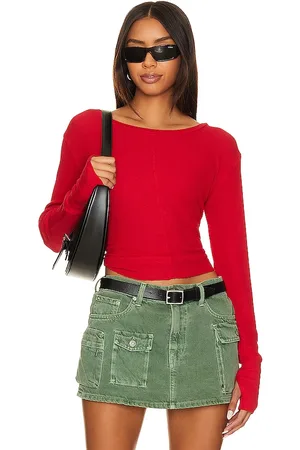 Bobi Cropped Long Sleeve Top in Red. - size L (also in M, S, XL, XS)