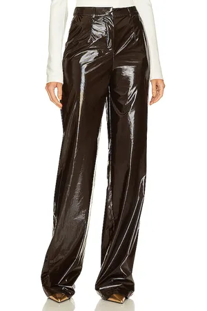 Women Faux Leather Straight Leg Pants Trousers High Waist Shiny