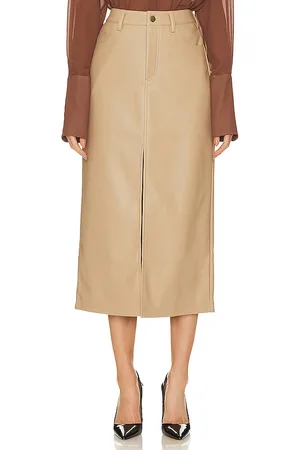 Tan Faux Leather Panelled A-Line Midi Skirt