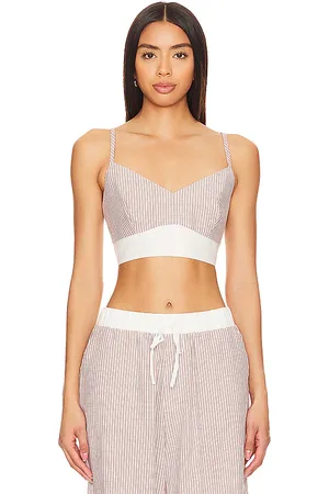 MONROW Stripe Poplin Bralette Top in Beige. - size XL (also in L)