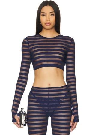 Norma Kamali Cropped Long Sleeve Crewneck Top in Navy. - size L (also in M, S, XS)