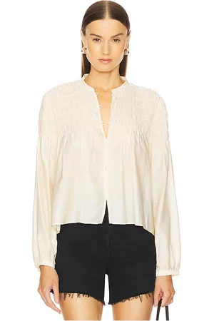 Frame Smocked Collarless Blouse in Ivory. - size M (also in S, XL)