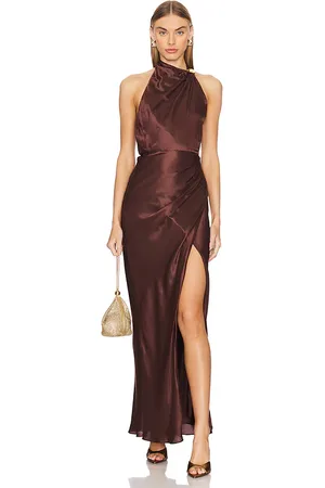 Nicholas Galilea High Neck Gold Trim Maxi Dress in Chocolate. - size 2 (also in 6)