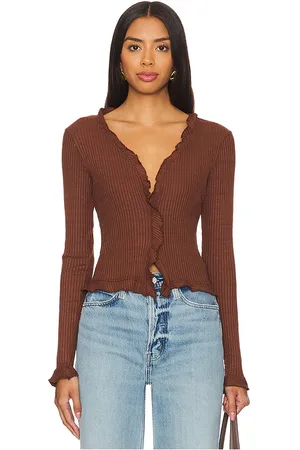 LA Made Sweet Serenade Ruffle Cardigan in Brown. - size L (also in M, S, XL, XS, XXL)