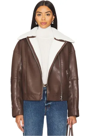 Simkhai Nyx Faux Leather Sherpa Moto Jacket in Brown. - size L (also in M, S)