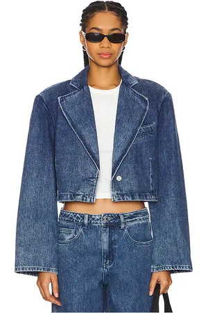 WeWoreWhat Cropped Blazer Jacket in Denim-Medium. - size L (also in M, S)