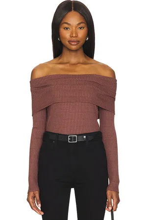 LA Made Kayla Off Shoulder Long Sleeve Top in Brown. - size L (also in M, S, XL, XS, XXL)