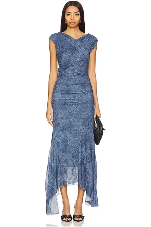 Ganni Marl Mesh Long Ruched Crossover Dress in Blue. - size 32 (also in 36, 40, 42)