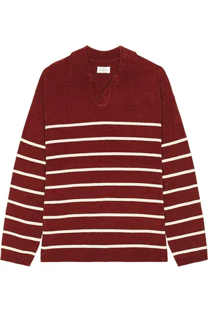 Saturdays NYC Mole Yarn Stripe Skipper Knit Polo in Red. - size L (also in M, S, XL/1X)