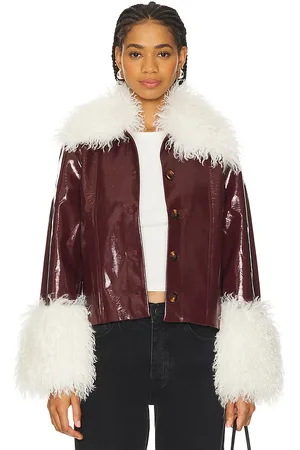 KITRI Bonnie Faux Fur Vinyl Jacket in Burgundy. - size L (also in M, S, XS)