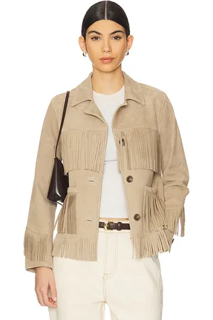 GRLFRND Joni Suede Fringe Jacket in Beige. - size L (also in M, S, XS, XXS)