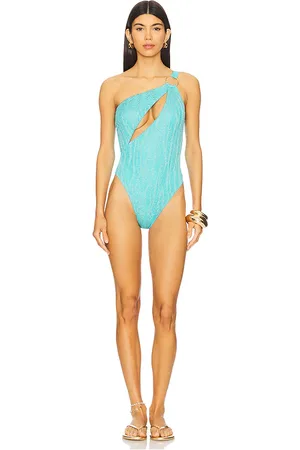 Luli Fama Asymmetrical Cut Out Ring Bodysuit in Teal. - size L (also in M, S, XS)