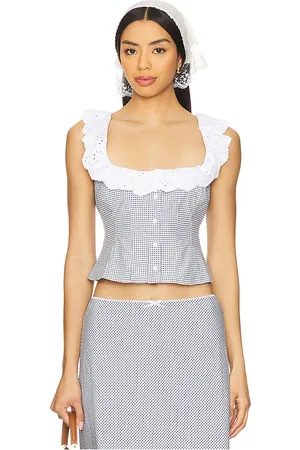 DANIELLE GUIZIO Gingham Paloma Lace Top in Baby Blue. - size M (also in S)