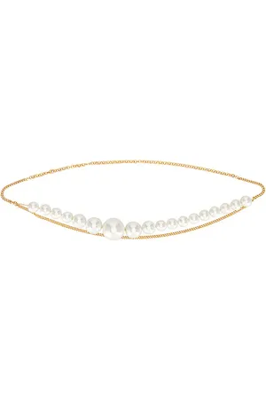 Rowen Rose Asymmetric Pearl Chain Belt in Metallic Gold.