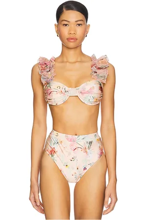 PATBO Lily Flower Flutter Sleeve Bikini Top in Blush. - size L (also in M, S, XL, XS)