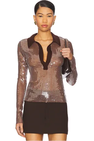MONSE Sequin Polo Top in Brown. - size L (also in M, S)