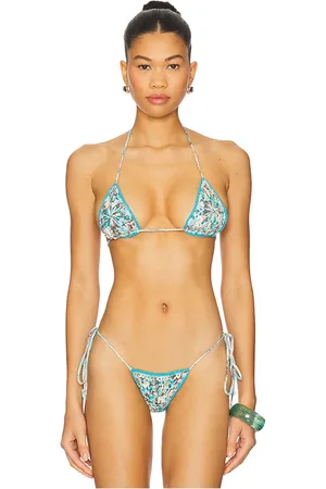Indah Lotus Hand Painted Floral Triangle Bikini Top in Blue. - size L (also in M, S, XS)