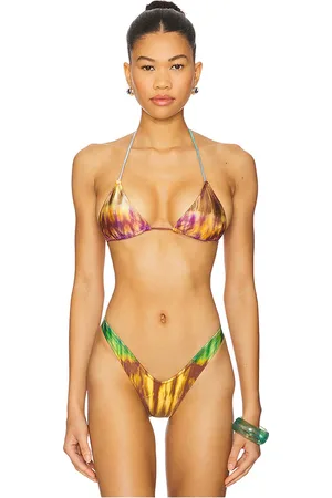 Indah Greta Printed Tiny Brazil Triangle Bikini Top in Tan. - size L (also in M, S, XS)