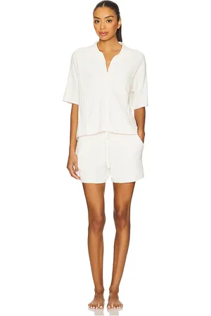 Barefoot Dreams CozyChic Ultra Lite Contrast Scallop Short Sleeve Shirt And Short Set in Ivory. - size L (also in M, S, XL, XS)