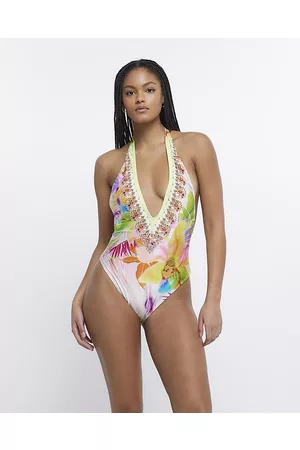 River Island Women Swimsuits - Womens Embellished Plunge Swimsuit