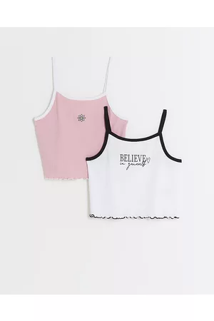 River Island Girls Tops - Girls Pink Ribbed Cami Top 2 Pack