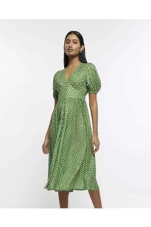 River Island Women Puff Sleeve & Puff Shoulder Dresses - Womens Spotted Puff Sleeve Swing Midi Dress
