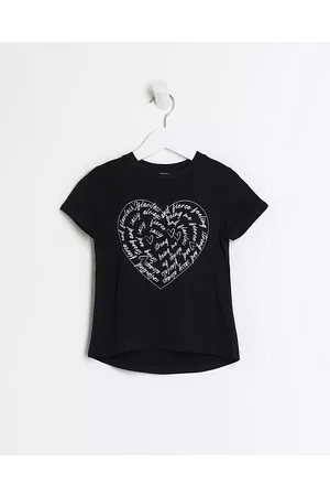 River Island Girls T-Shirts - Mini Girls Black Heart Graphic T-Shirt