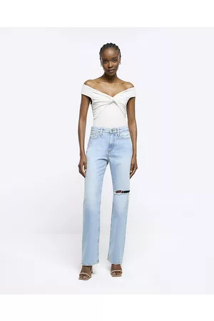 River Island Women High Waisted Jeans - Womens Embellished High Rise Ripped Jeans