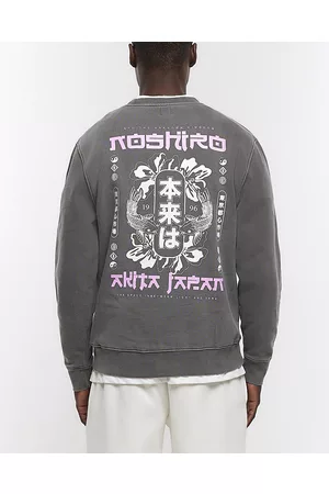 River Island Men Sweatshirts - Mens Washed Regular Fit Graphic Sweatshirt