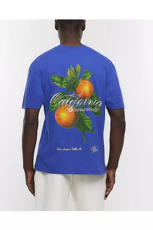 River Island Men T-Shirts - Mens Regular Fit Orange Print T-Shirt