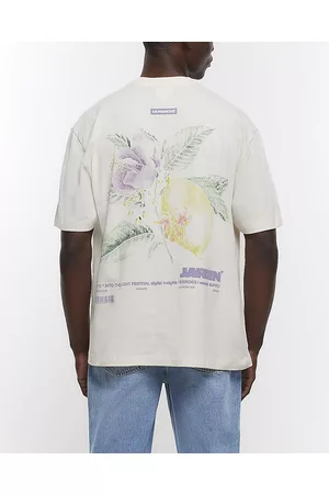 River Island Men Oversized Graphic T-Shirts - Mens Ecru Oversized Fit Floral Graphic T-Shirt
