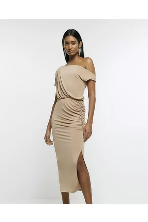 River Island Women Bodycon Dresses - Womens Beige Bardot Drape Bodycon Midi Dress