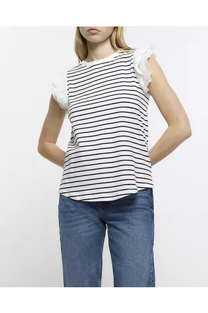 River Island Women Tops - Womens Striped Broderie Frill Sleeve Top