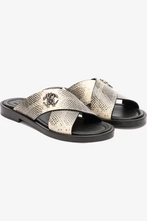 Roberto Cavalli Slides With Cobra Print And Mirror Snake Monogram - Male Sandals & Slides 42