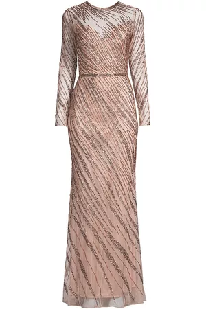 Mac Duggal Women's Sequin Long-Sleeve Gown - Mocha - Size 6