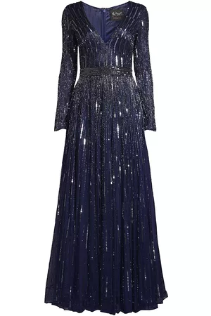 Mac Duggal Women's Long-Sleeve Bead & Sequin Gown - Midnight - Size 8