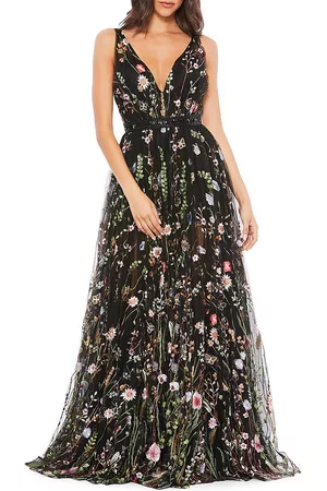 Mac Duggal Women Printed & Patterned Dresses - Women's Floral A-Line Gown - Black Multi - Size 0 - Black Multi - Size 0