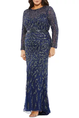 Mac Duggal Women's Plus Size Beaded Long-Sleeve Gown - Midnight - Size 24