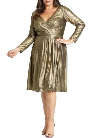 Mac Duggal Women's Plus Size Metallic Wrap-Front Midi Dress - Bronze - Size 24
