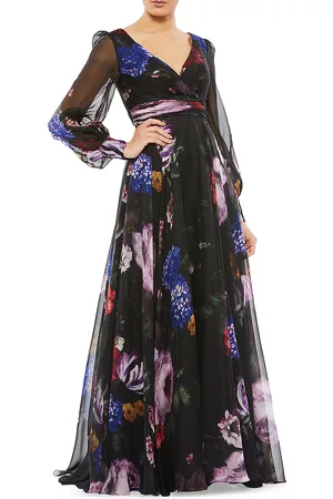 Mac Duggal Long Sleeve Floral Chiffon Gown