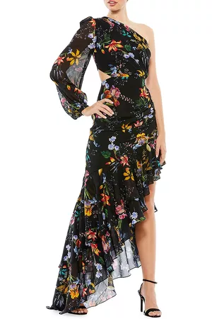 Mac Duggal Floral Slit-Sleeve Asymmetric Gown